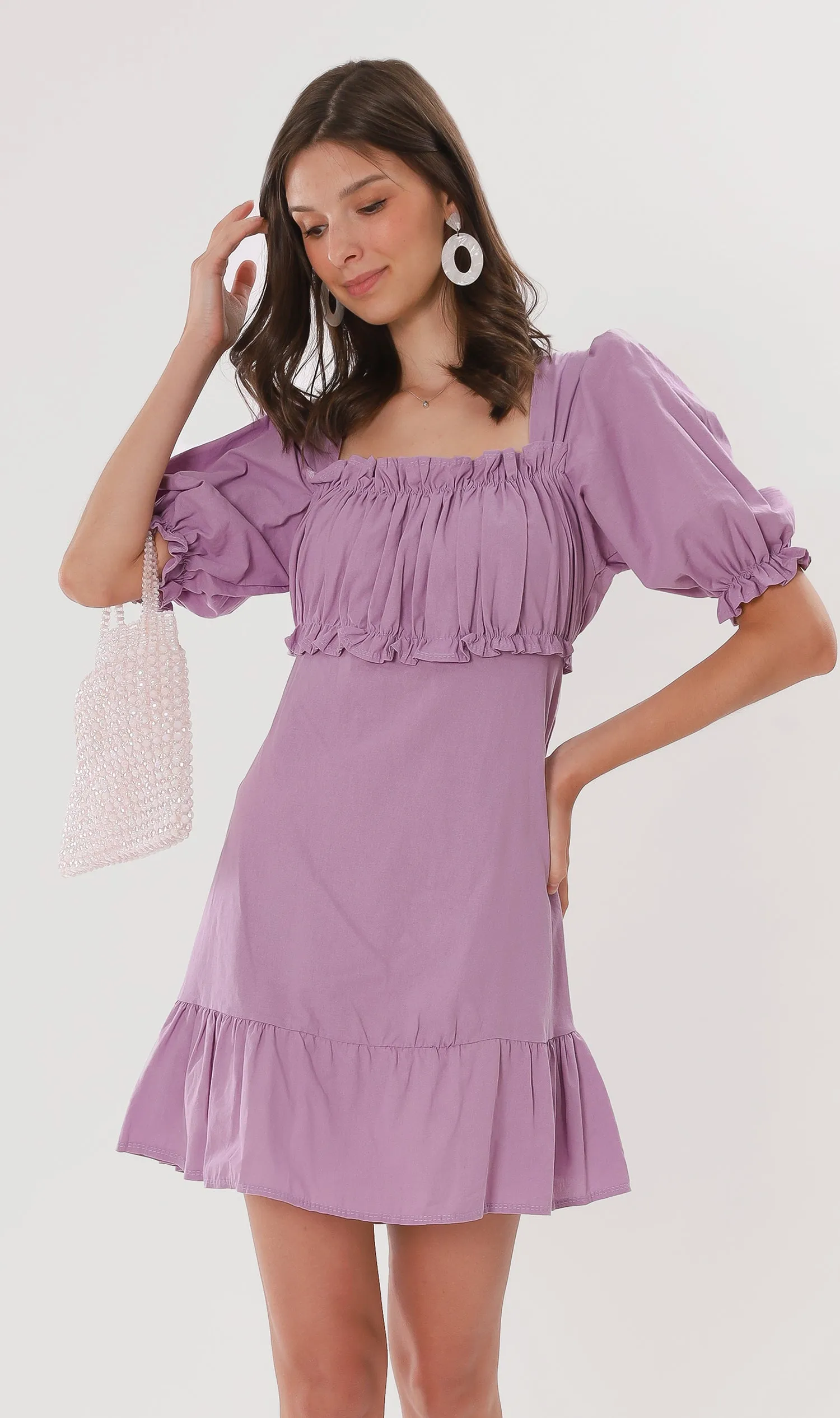 CLAUDETTE Ruched-Bust Ruffled Dress (Lilac)