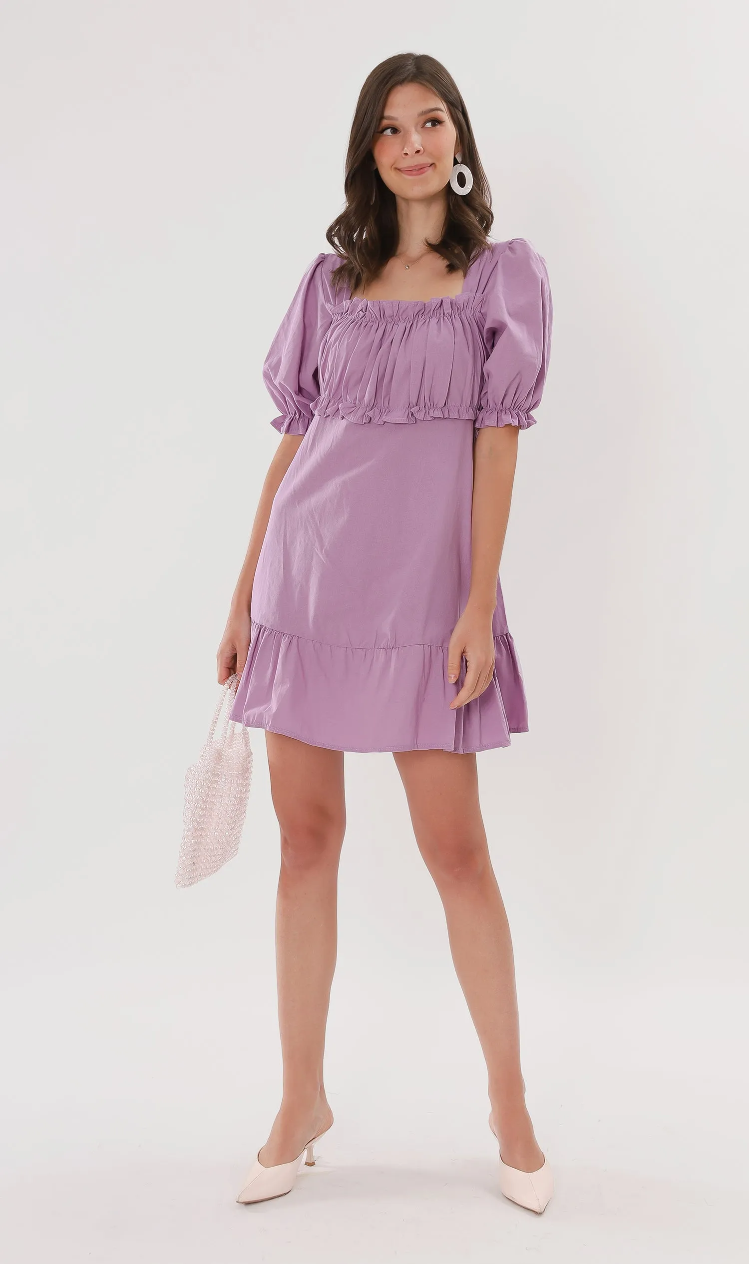 CLAUDETTE Ruched-Bust Ruffled Dress (Lilac)