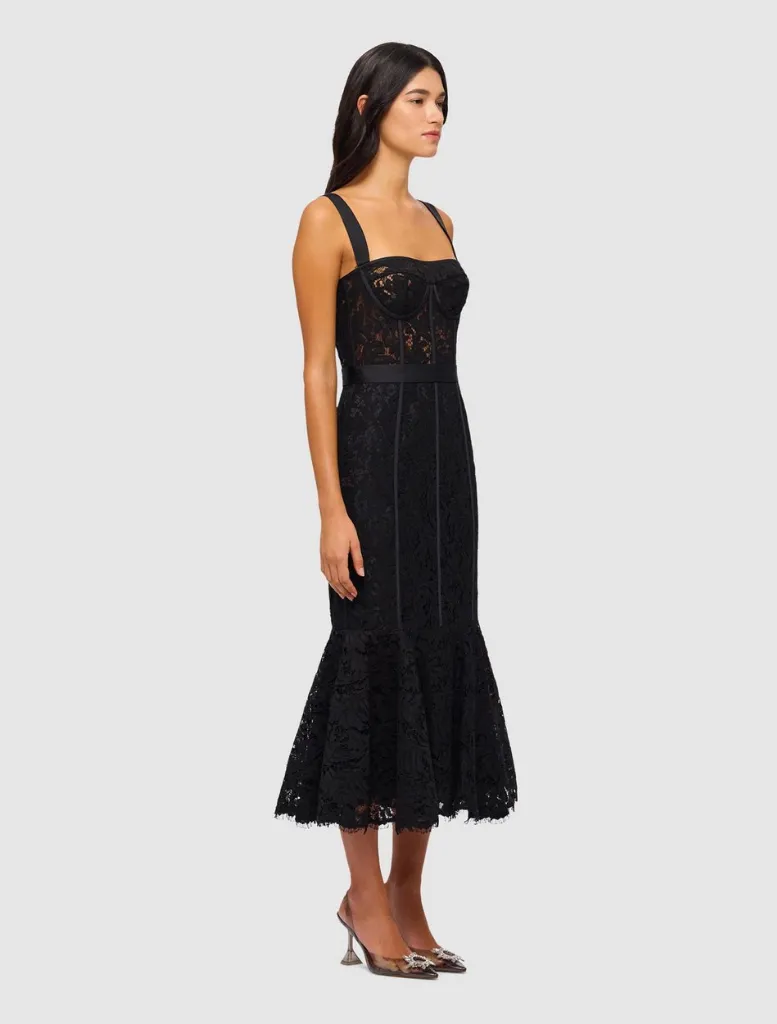 Clover Lace Bustier Ruffle Midi Dress - Ebony