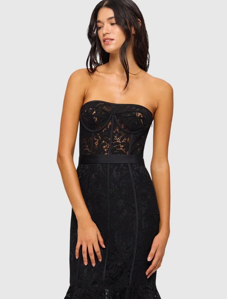 Clover Lace Bustier Ruffle Midi Dress - Ebony