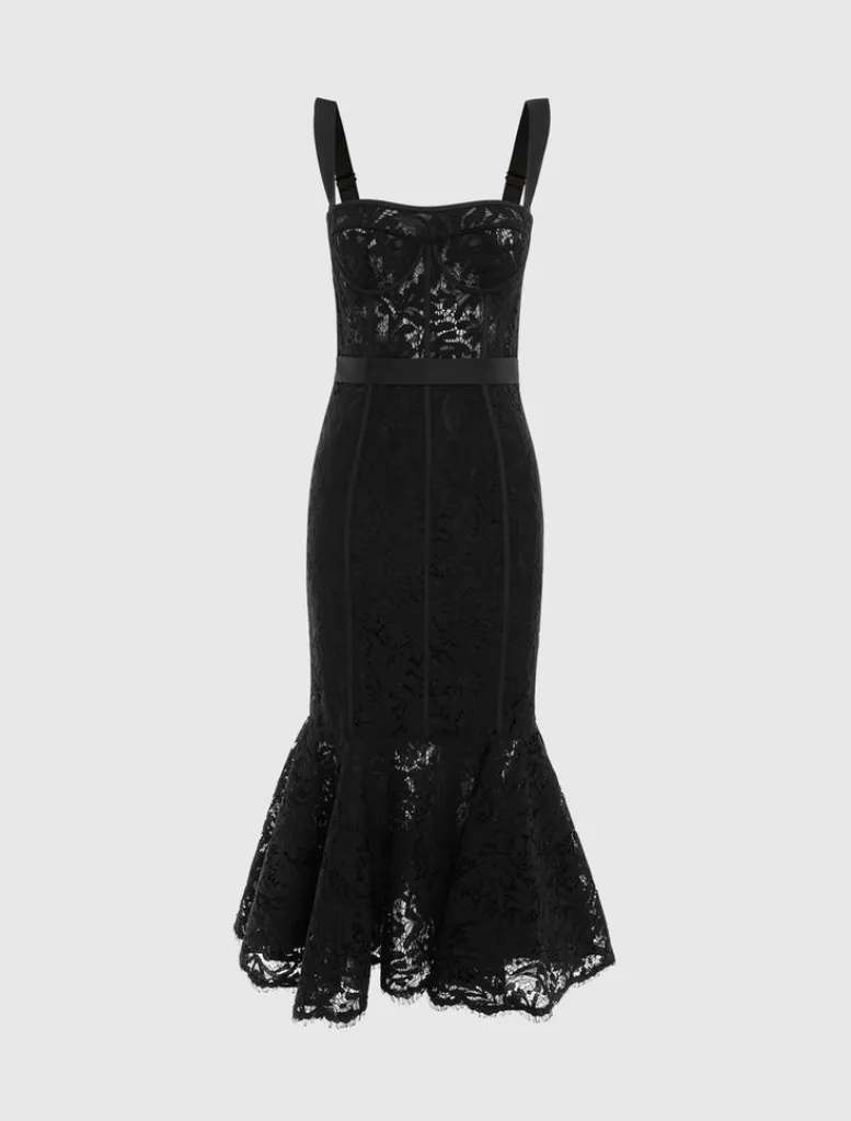 Clover Lace Bustier Ruffle Midi Dress - Ebony