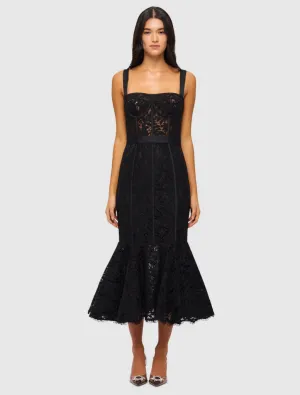 Clover Lace Bustier Ruffle Midi Dress - Ebony