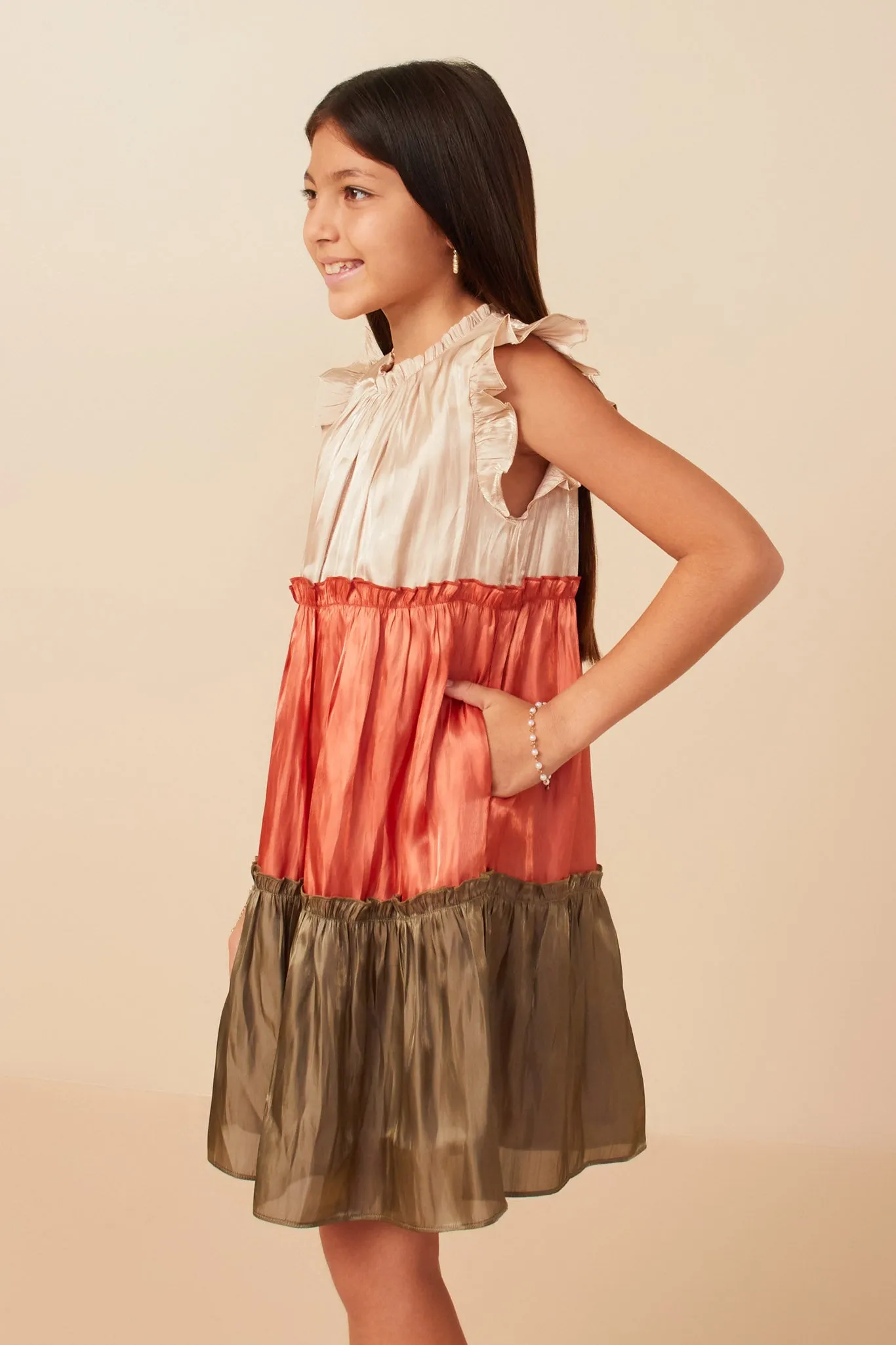Color Block Ruffled Shimmery Chiffon Dress