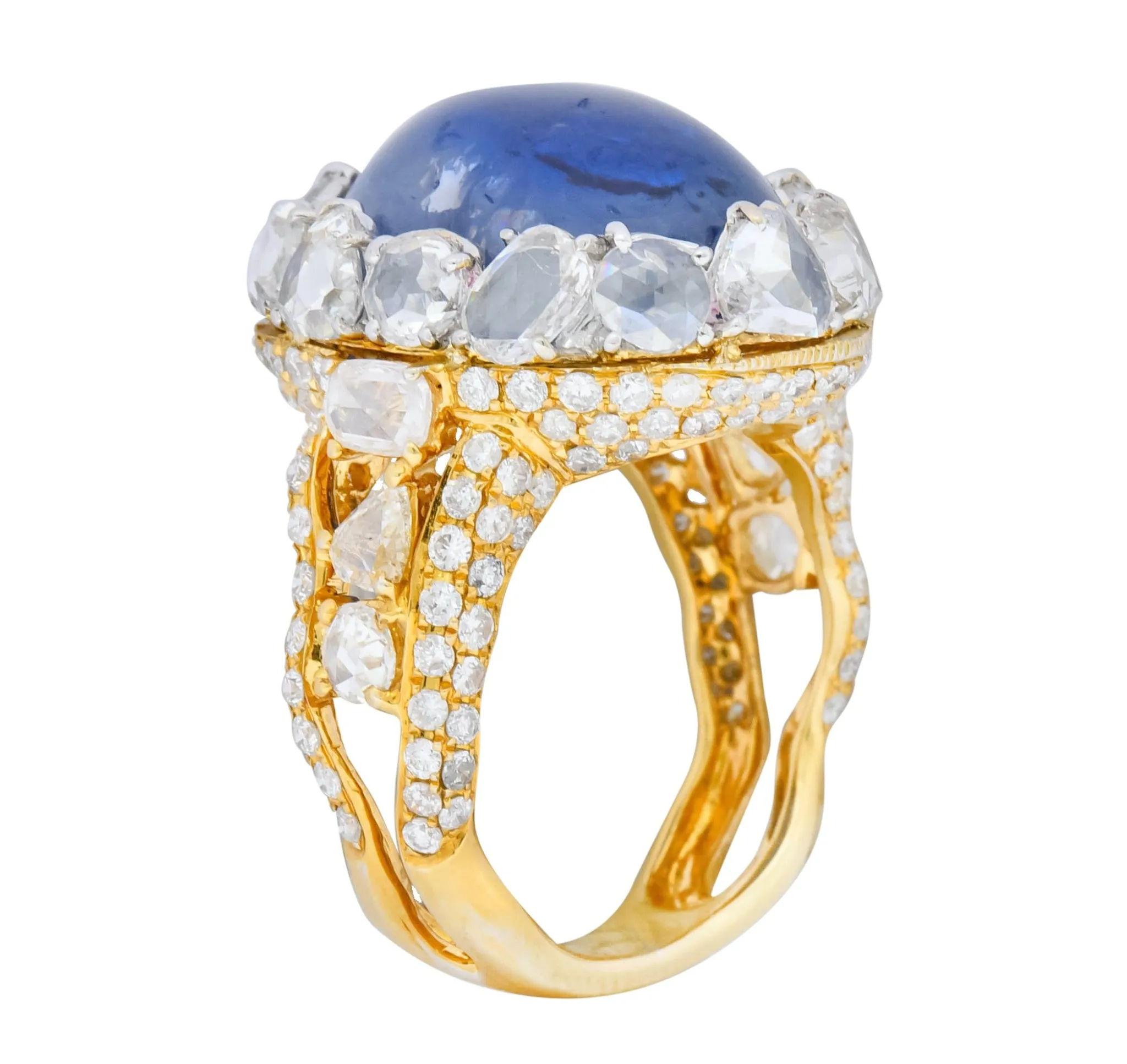 Contemporary 17.00 CTW Sapphire Diamond 18 Karat Gold Cluster Cocktail Ring