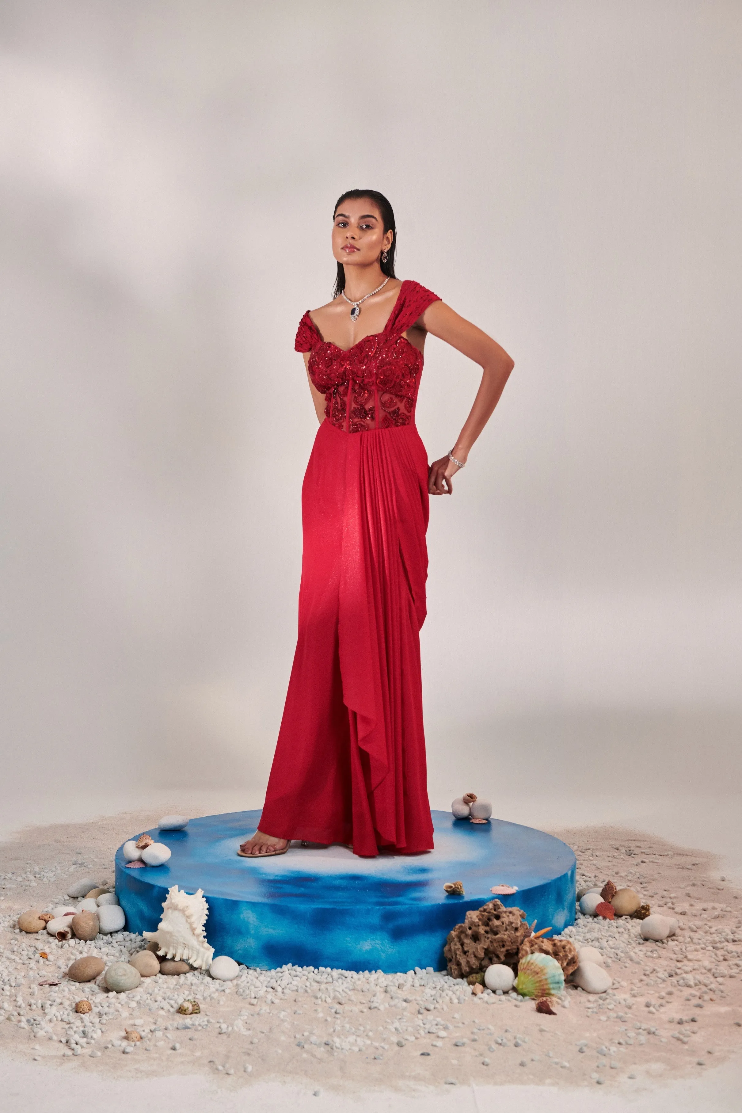 Corset fitted gown with drape saree