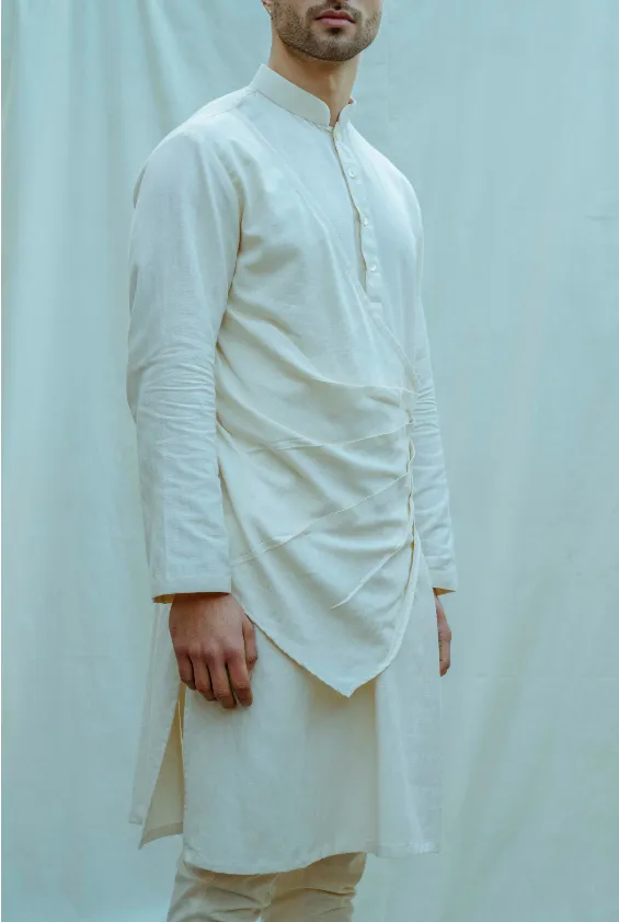 Cotton X Linen In Off-White Pleated Angrakha Kurta