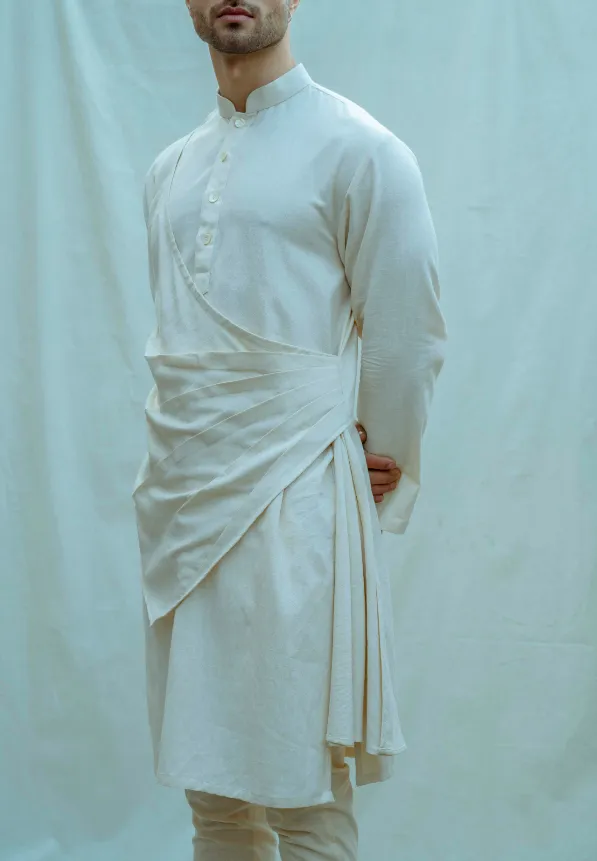 Cotton X Linen In Off-White Pleated Angrakha Kurta