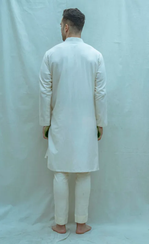Cotton X Linen In Off-White Pleated Angrakha Kurta