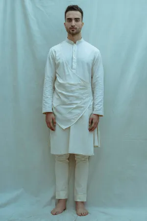 Cotton X Linen In Off-White Pleated Angrakha Kurta