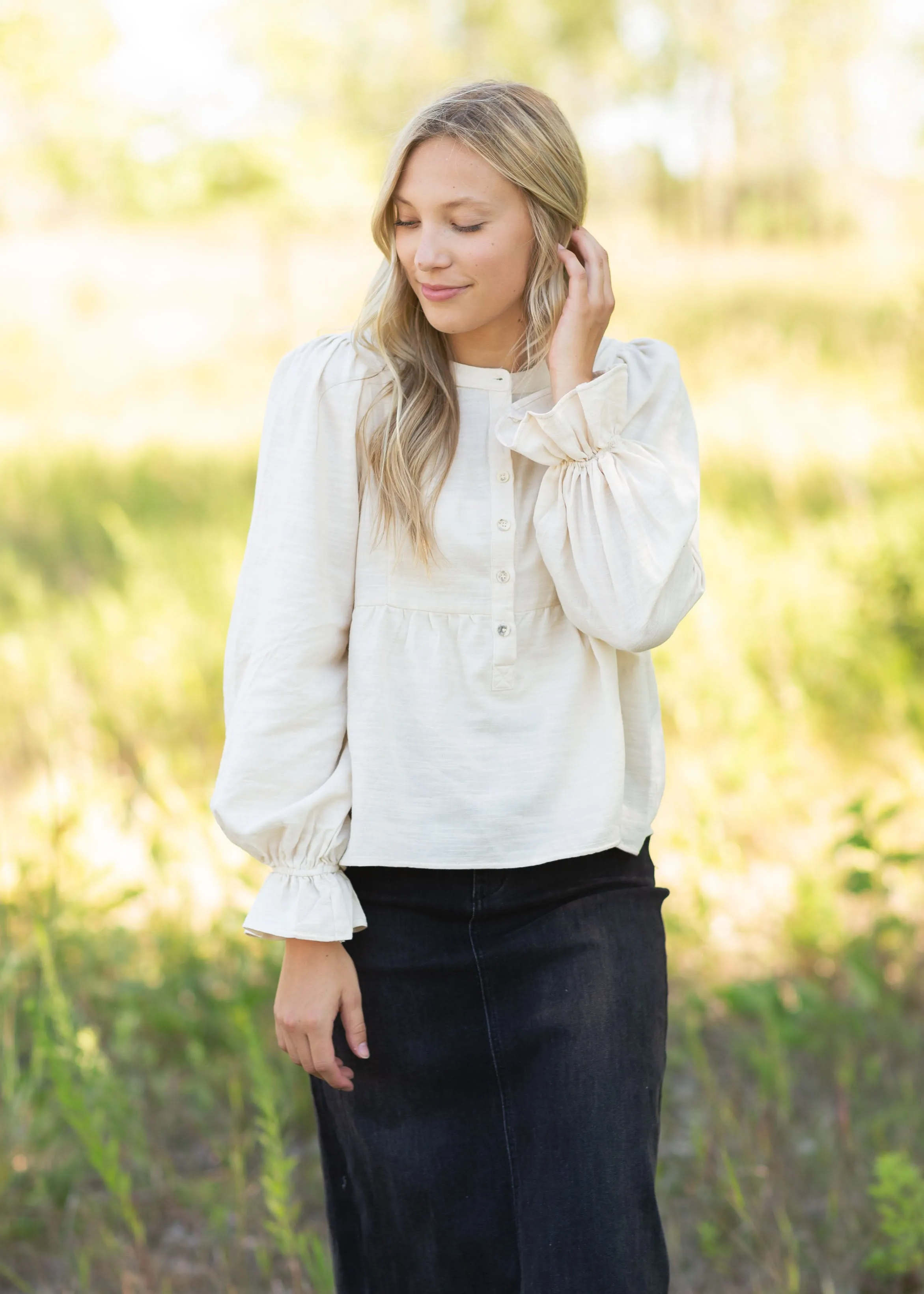 Cream Cinched Sleeve Button Up Top - FINAL SALE