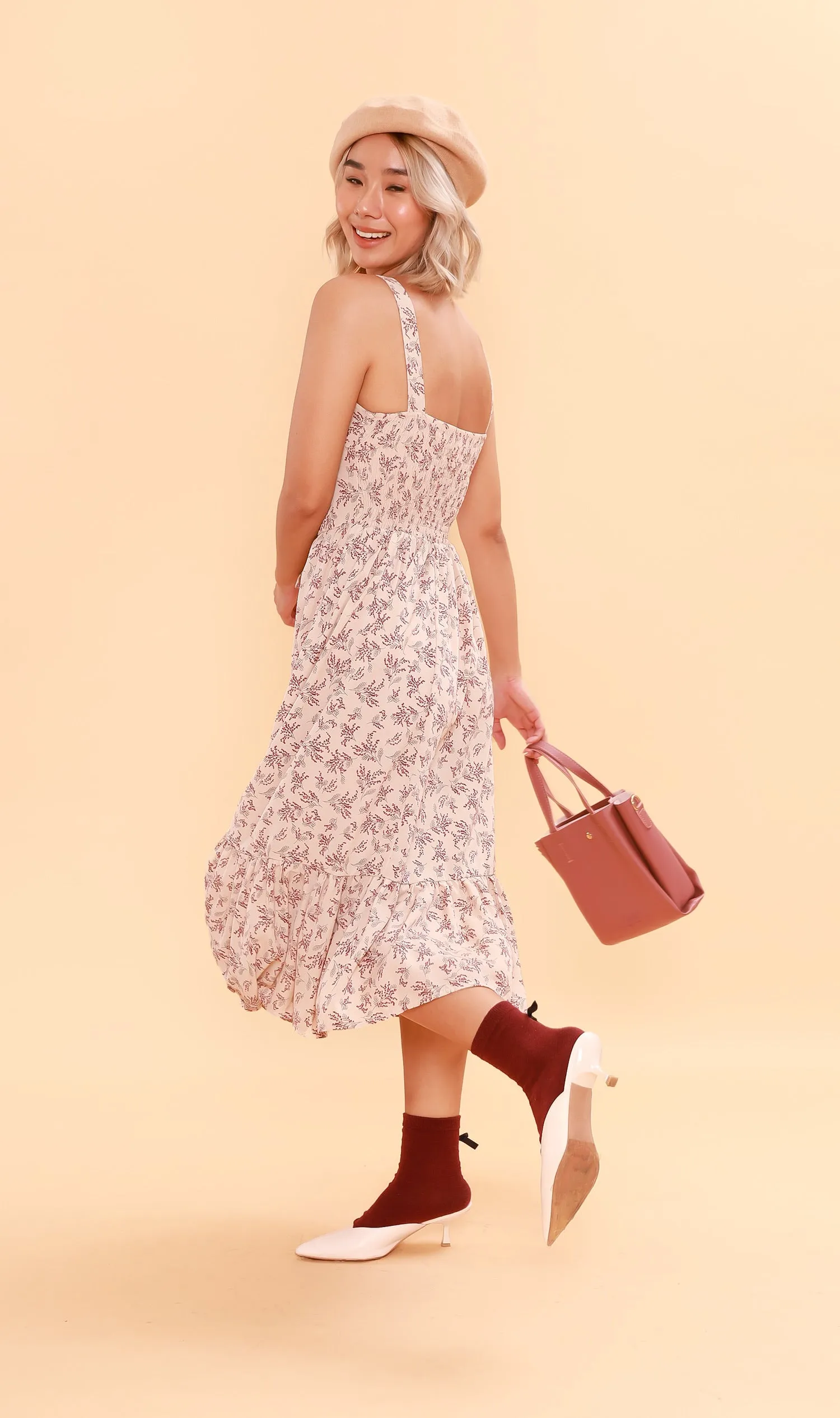 CRESSIDA Floral Lace-Up Midi Dress (Blush Beige)