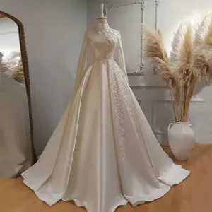 Customized Elegant Satin Wedding Dress Muslim Bridal Gown Heavy Beading High Neck Long Sleeves A Line Saudi Arabic