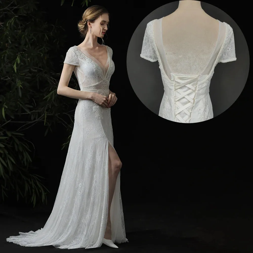 Customized Gypsy Beach Boho Wedding Dress V Neck Cap Sleeve Backless Lace Bohemian High Split Bridal Gown Applique Bead Costume