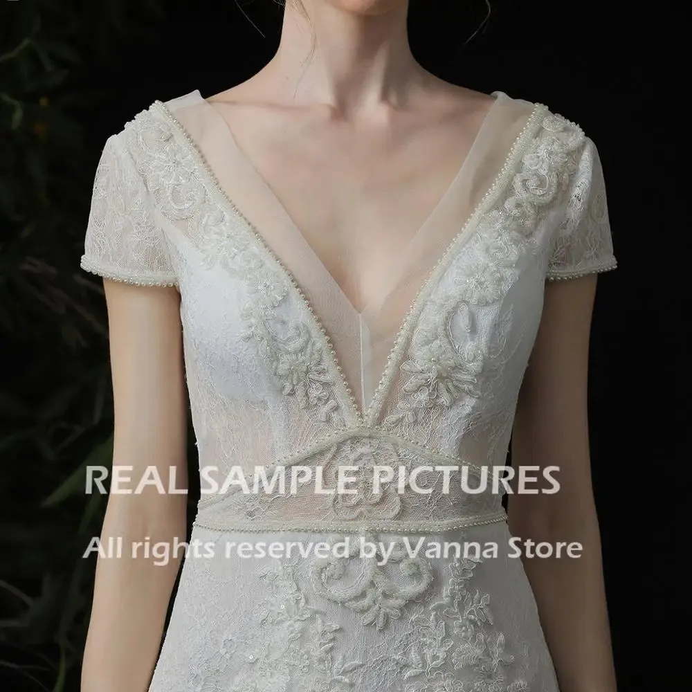 Customized Gypsy Beach Boho Wedding Dress V Neck Cap Sleeve Backless Lace Bohemian High Split Bridal Gown Applique Bead Costume