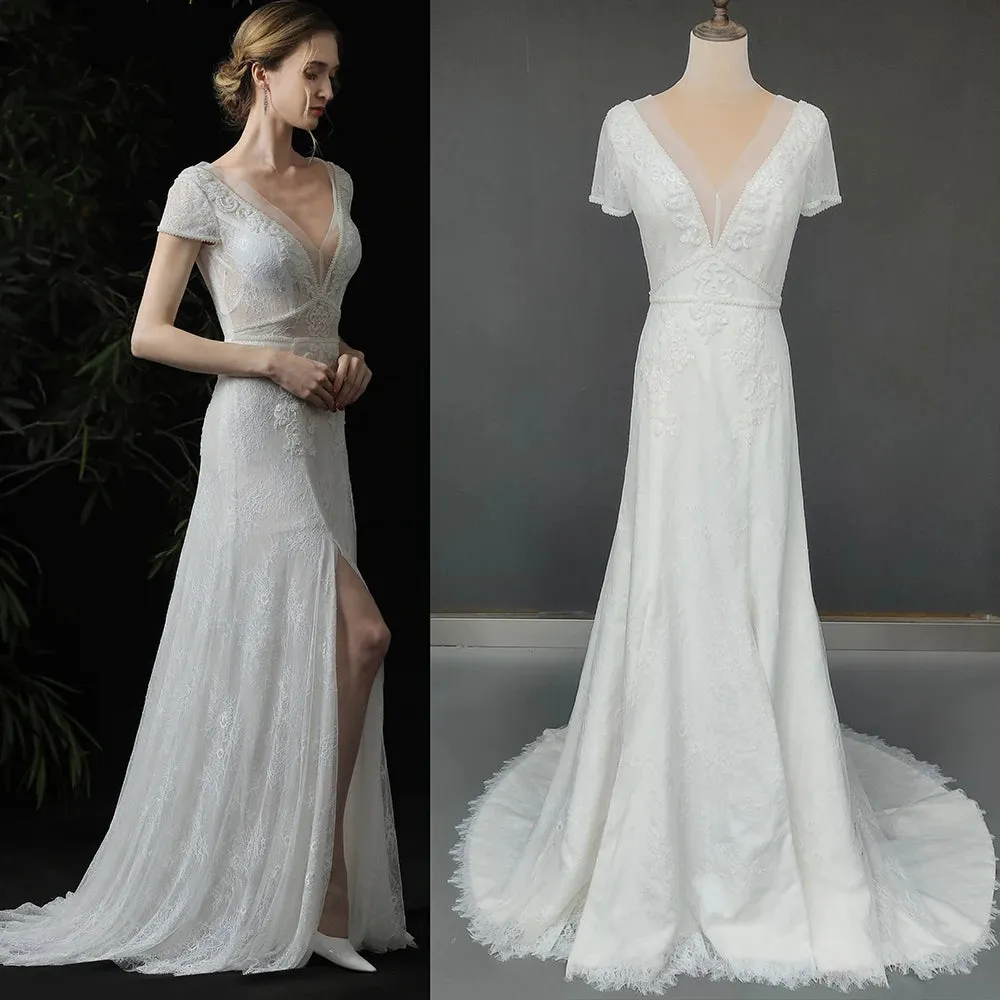Customized Gypsy Beach Boho Wedding Dress V Neck Cap Sleeve Backless Lace Bohemian High Split Bridal Gown Applique Bead Costume