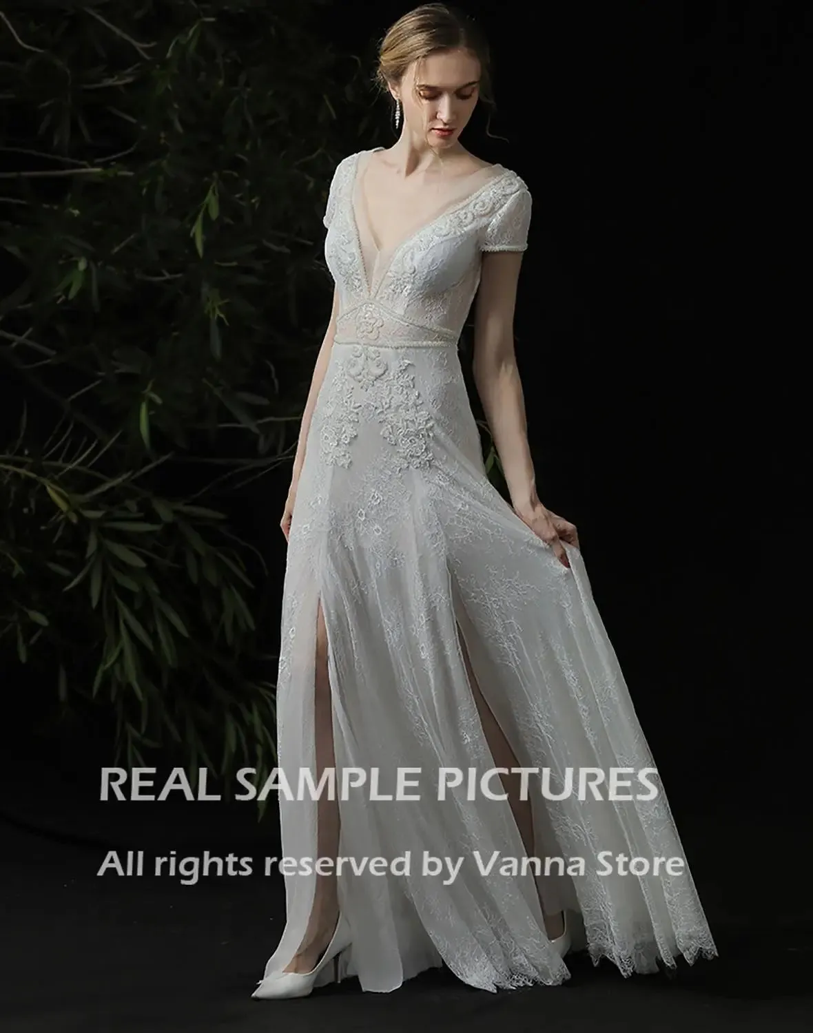 Customized Gypsy Beach Boho Wedding Dress V Neck Cap Sleeve Backless Lace Bohemian High Split Bridal Gown Applique Bead Costume