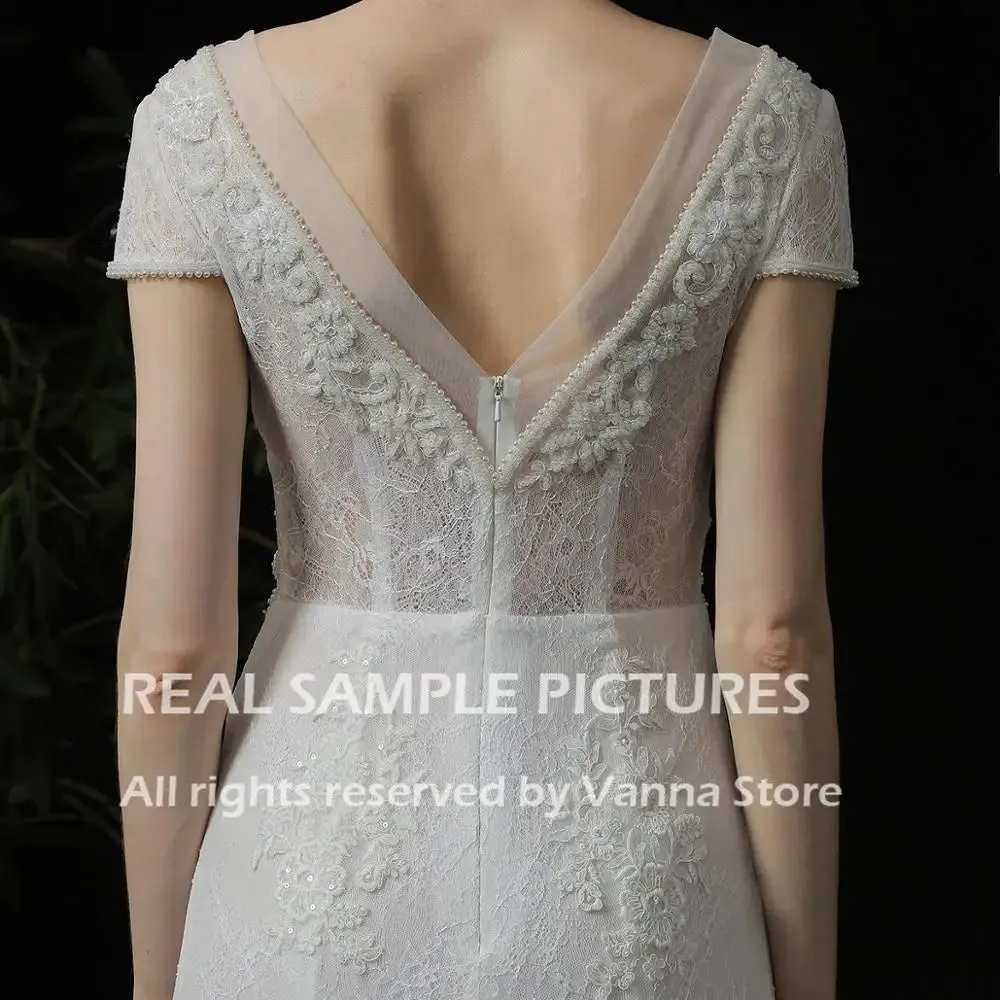 Customized Gypsy Beach Boho Wedding Dress V Neck Cap Sleeve Backless Lace Bohemian High Split Bridal Gown Applique Bead Costume