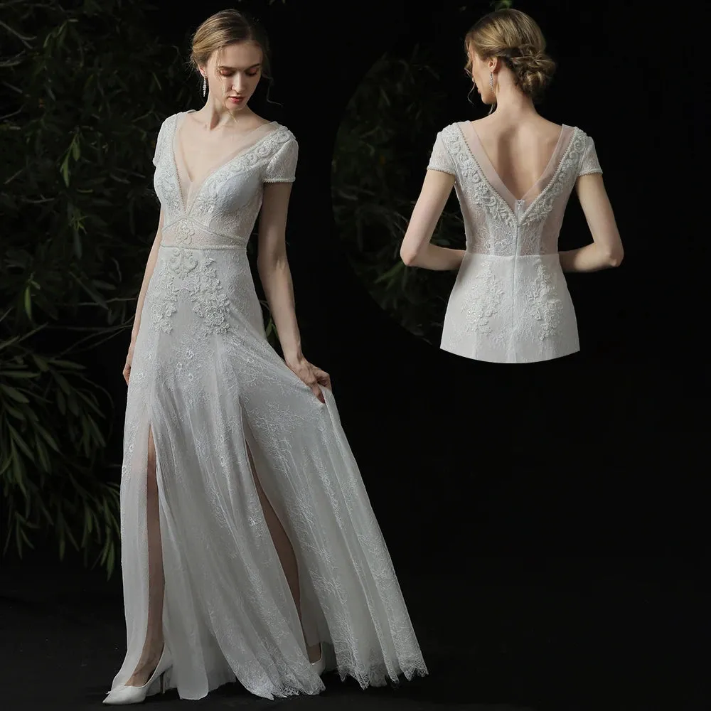 Customized Gypsy Beach Boho Wedding Dress V Neck Cap Sleeve Backless Lace Bohemian High Split Bridal Gown Applique Bead Costume