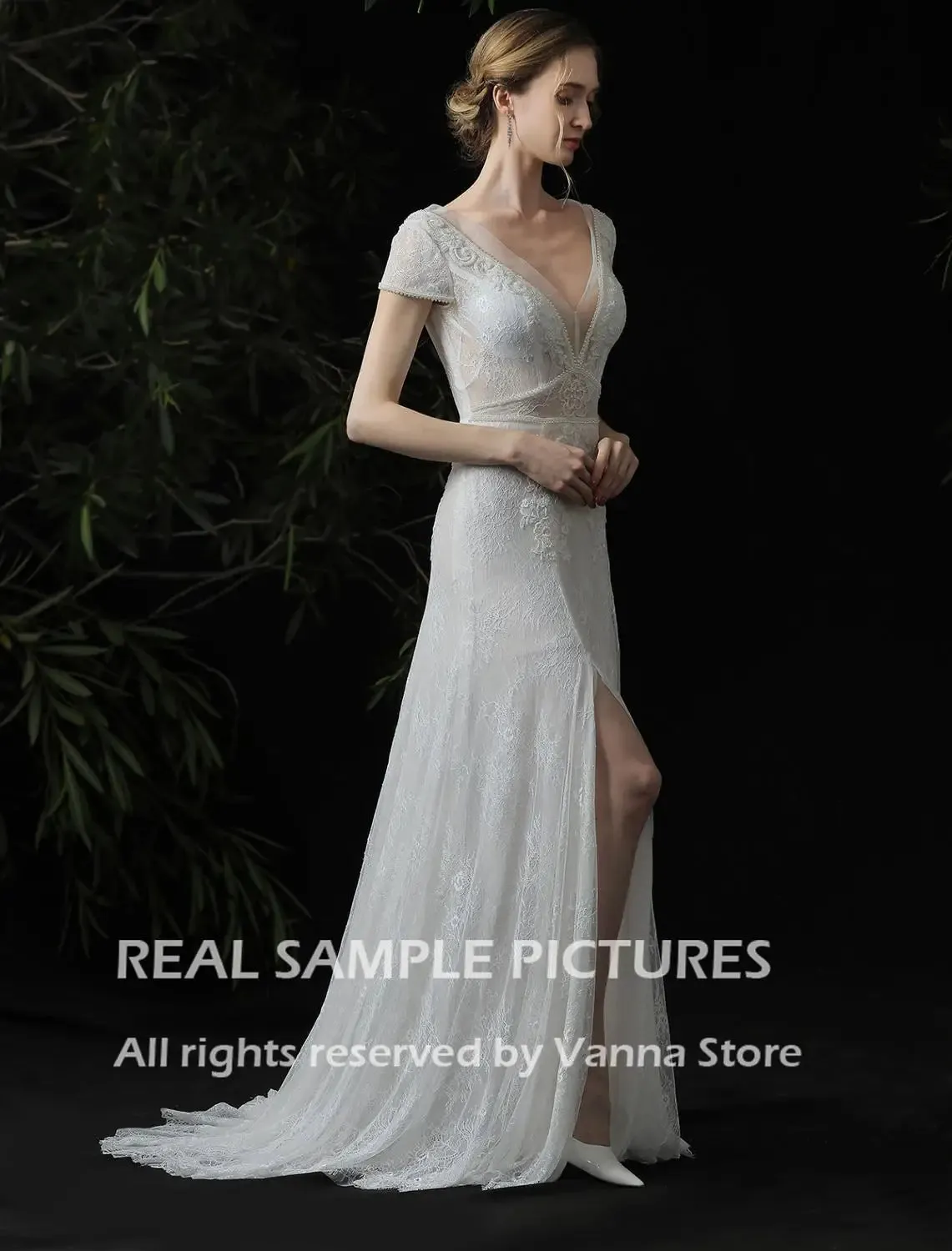 Customized Gypsy Beach Boho Wedding Dress V Neck Cap Sleeve Backless Lace Bohemian High Split Bridal Gown Applique Bead Costume
