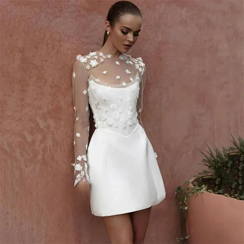 Customized Satin Short Wedding Dresses High Neck Bodycon Bridal Gowns 3D Appliques Princess Lace Beach Simple Mini Bride Dress
