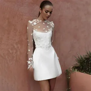 Customized Satin Short Wedding Dresses High Neck Bodycon Bridal Gowns 3D Appliques Princess Lace Beach Simple Mini Bride Dress
