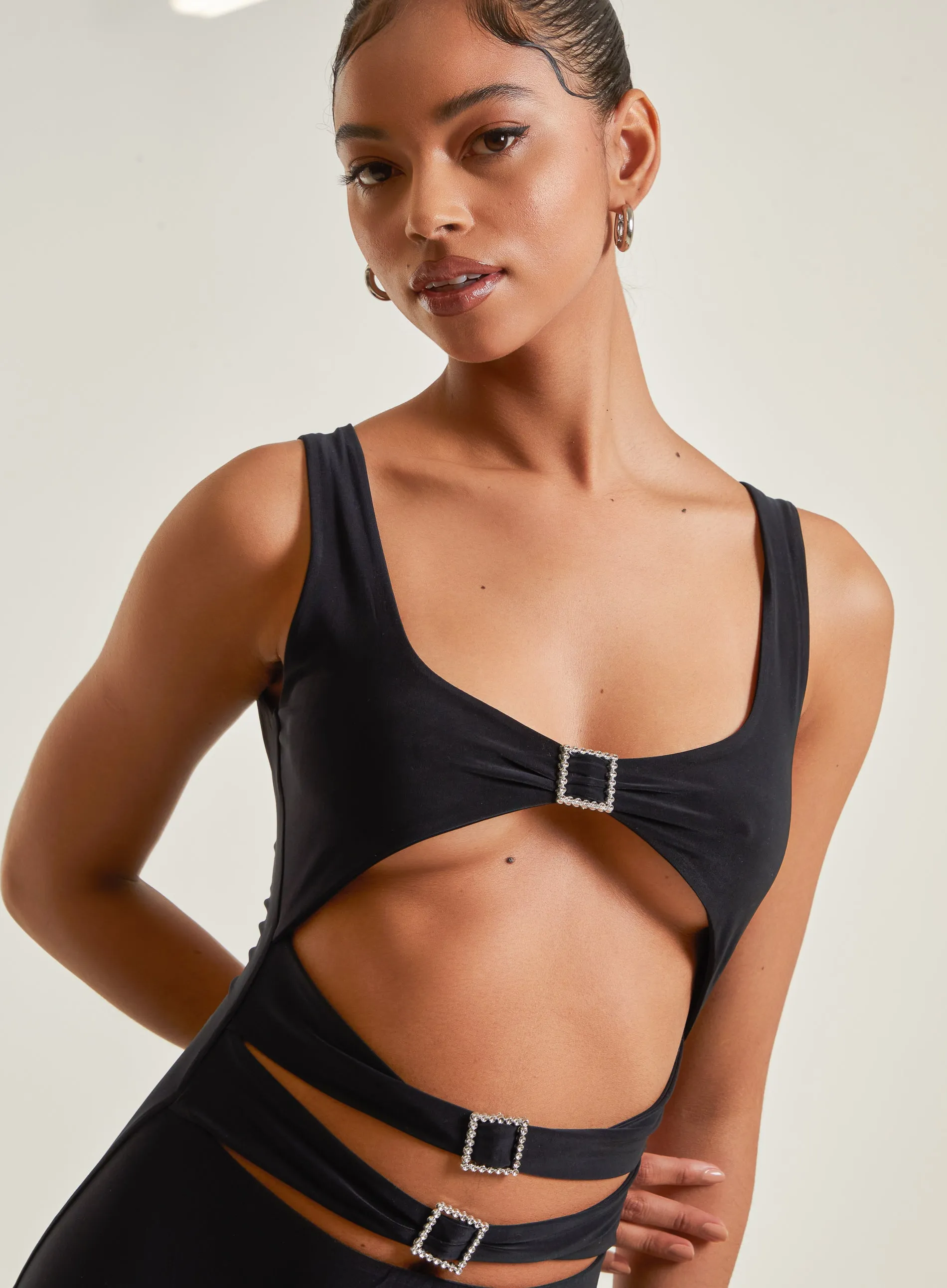 Cut Out Buckle Detail Slinky Mini Dress