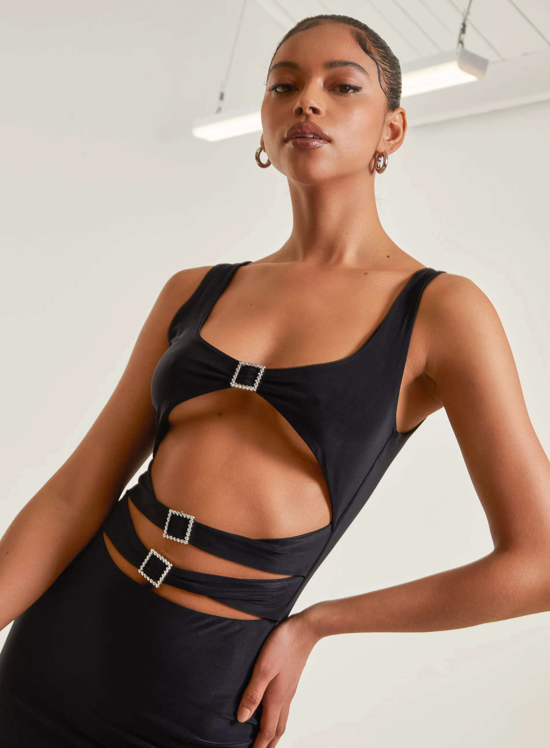 Cut Out Buckle Detail Slinky Mini Dress