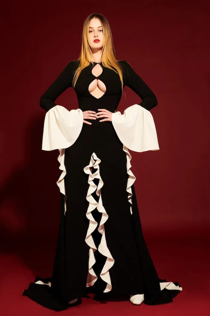 Cut Out Long Bell Sleeve Ruffle Gown