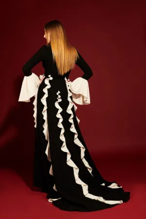 Cut Out Long Bell Sleeve Ruffle Gown