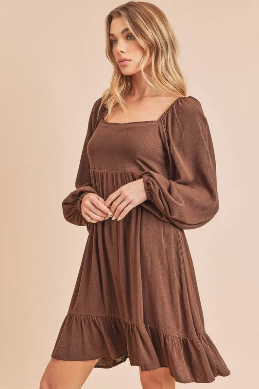 Dark Brown Ruffled Mini Dress with Square Neck | Balloon Sleeves