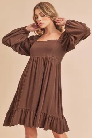 Dark Brown Ruffled Mini Dress with Square Neck | Balloon Sleeves