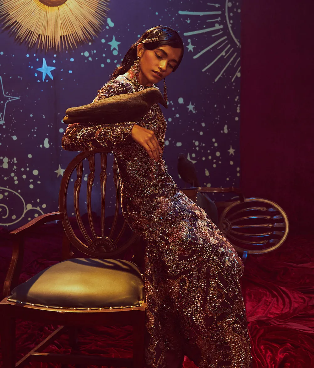 Dark Printed Embellished Gown