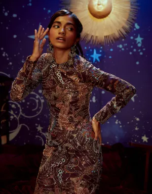 Dark Printed Embellished Gown