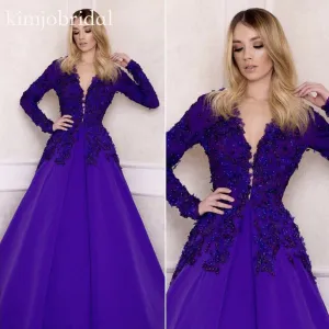 deep purple prom ball gown long sleeve deep v neck beaded lace appliqué elegant prom dresses