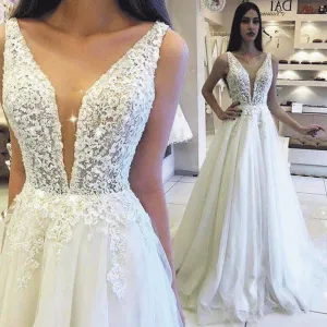 deep v neck ivory wedding dresses 2020 lace appliqué beaded elegant a line sleeveless wedding gown