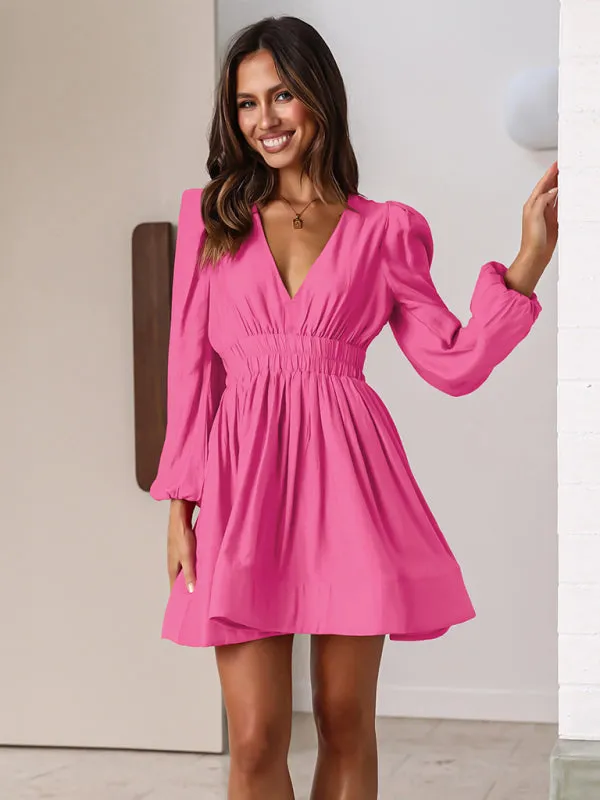 Deep V Neck Mini Dress with Pleated Skirt and Long Sleeves