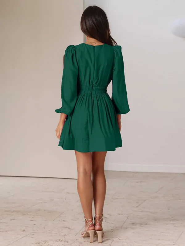 Deep V Neck Mini Dress with Pleated Skirt and Long Sleeves