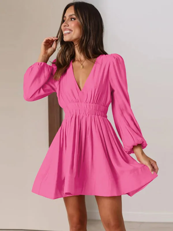 Deep V Neck Mini Dress with Pleated Skirt and Long Sleeves