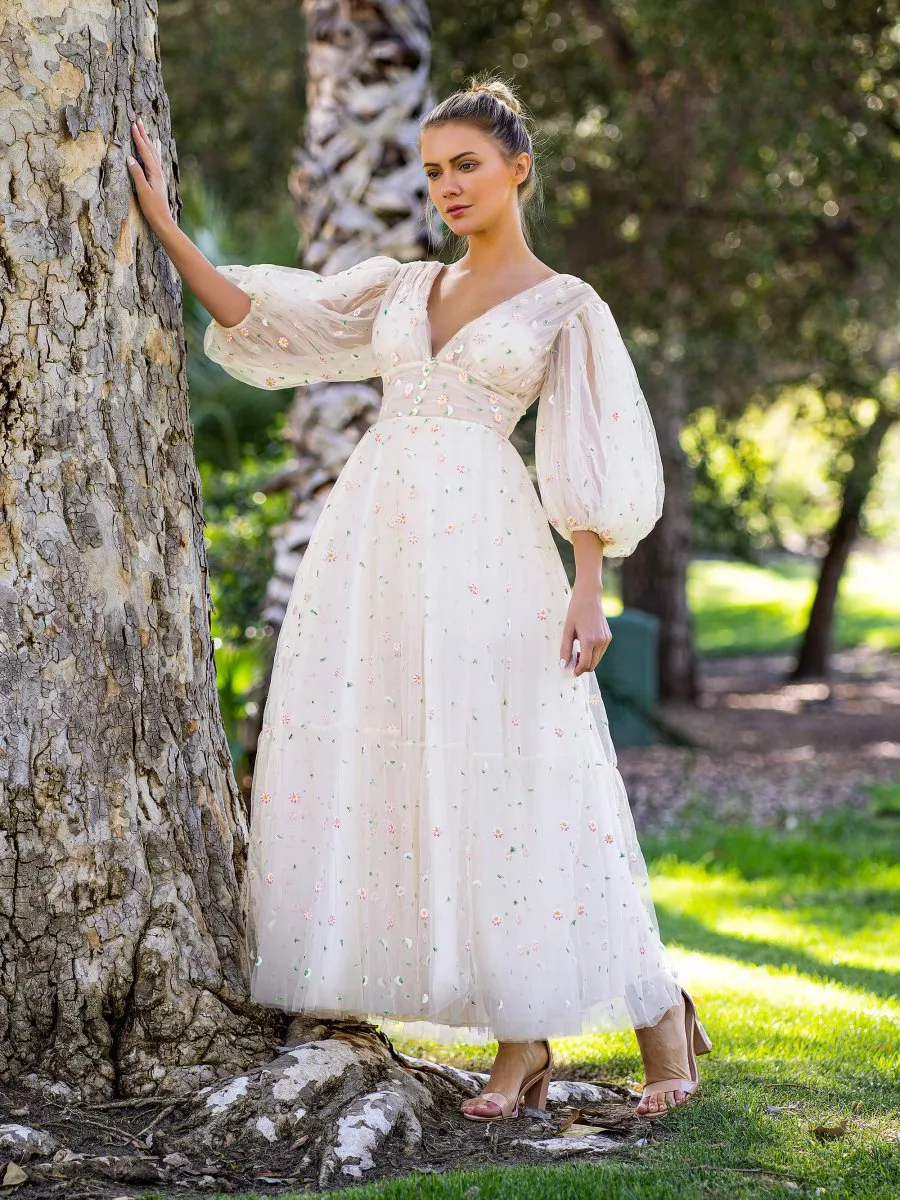 Deep V Starlit Cloud Ruffle Cuffs Maxi Length Dresses