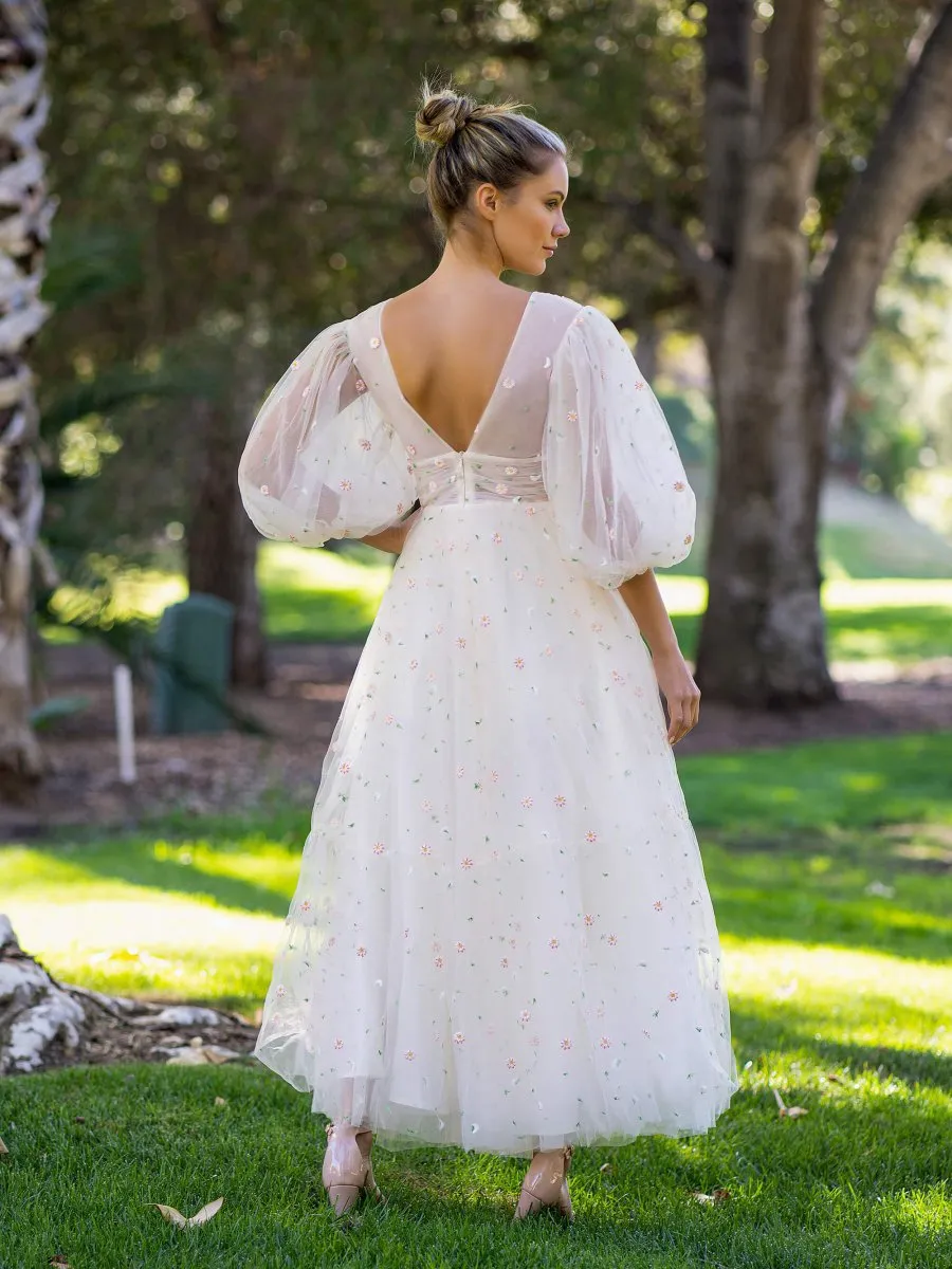 Deep V Starlit Cloud Ruffle Cuffs Maxi Length Dresses