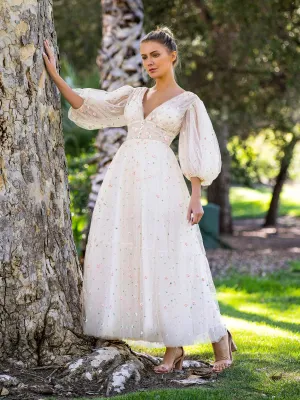 Deep V Starlit Cloud Ruffle Cuffs Maxi Length Dresses