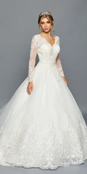 DeKlaire Bridal 457 Scalloped V-Neckline Long Sleeve Wedding Gown