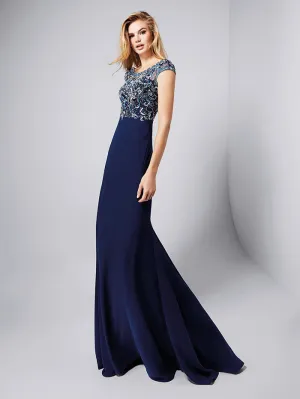 Delicate Navy Blue Mermaid Evening Gowns Beaded Scoop Long Formal Dresses 2018