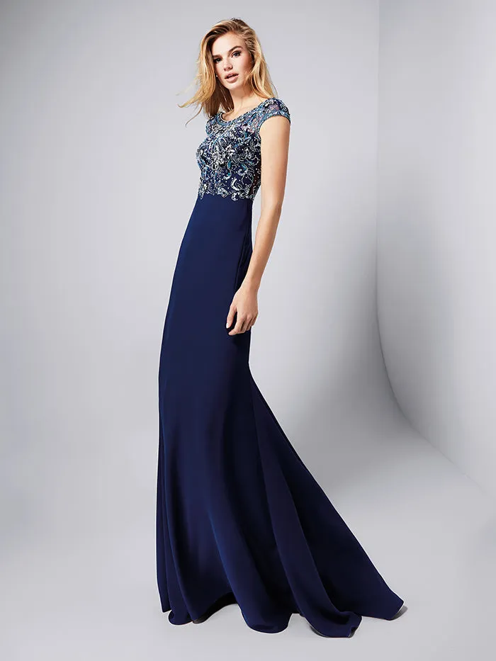 Delicate Navy Blue Mermaid Evening Gowns Beaded Scoop Long Formal Dresses 2018