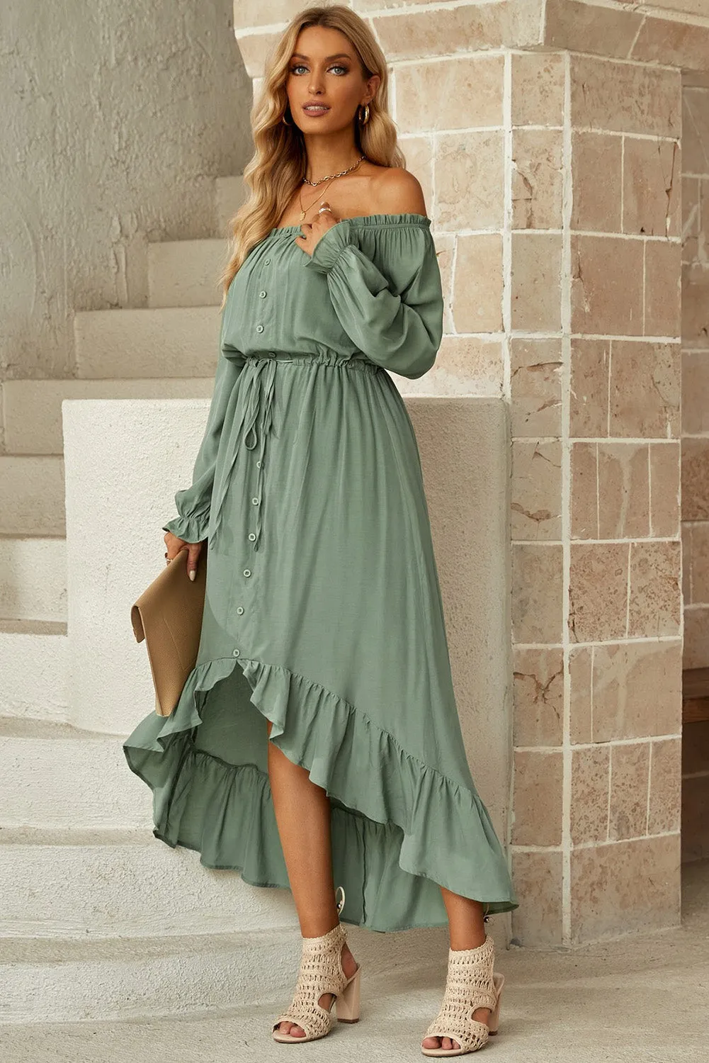 Devonne Drawstring Off-Shoulder Flounce Sleeve Dress