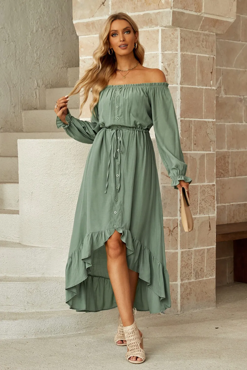 Devonne Drawstring Off-Shoulder Flounce Sleeve Dress
