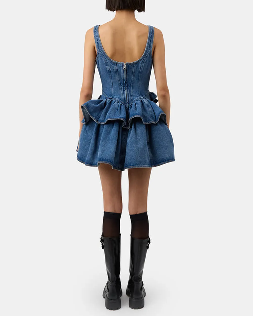 Devyn Denim Ruffle Mini Dress in Saxe Blue