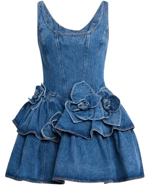 Devyn Denim Ruffle Mini Dress in Saxe Blue