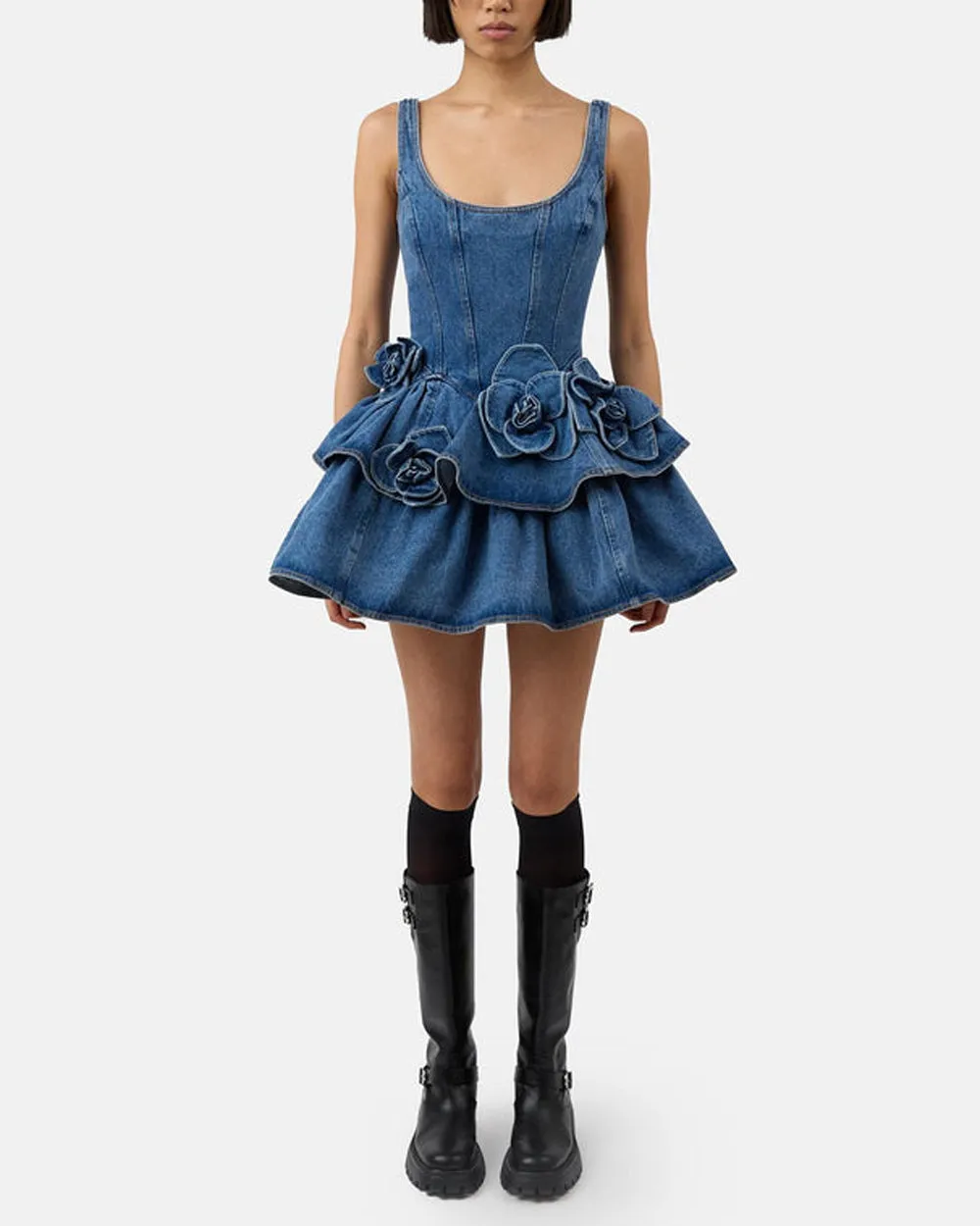 Devyn Denim Ruffle Mini Dress in Saxe Blue