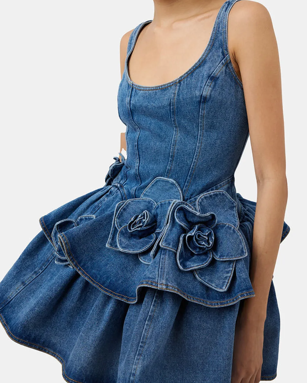 Devyn Denim Ruffle Mini Dress in Saxe Blue